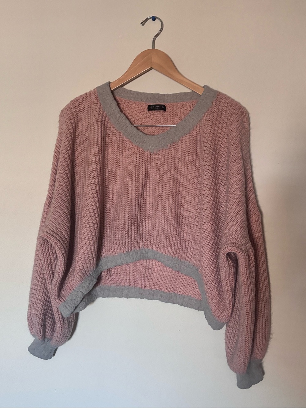 SHEIN Pink V-Neck Knit Sweater with Gray Trim